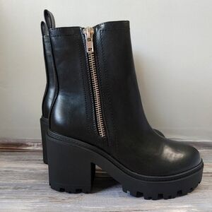 Double Zip-up Faux Leather Chucky Heeled Black Chelsea Boots